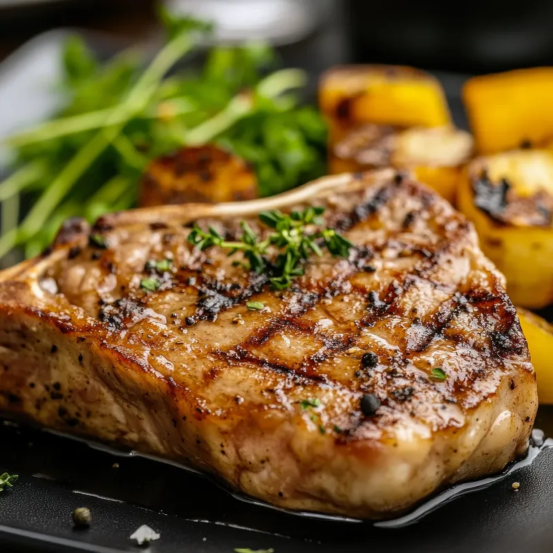A grilled chop with roasted vegetables